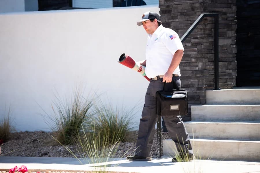 Thompson technician walking up to a St. George Utah home carrying a service bag for a repair call