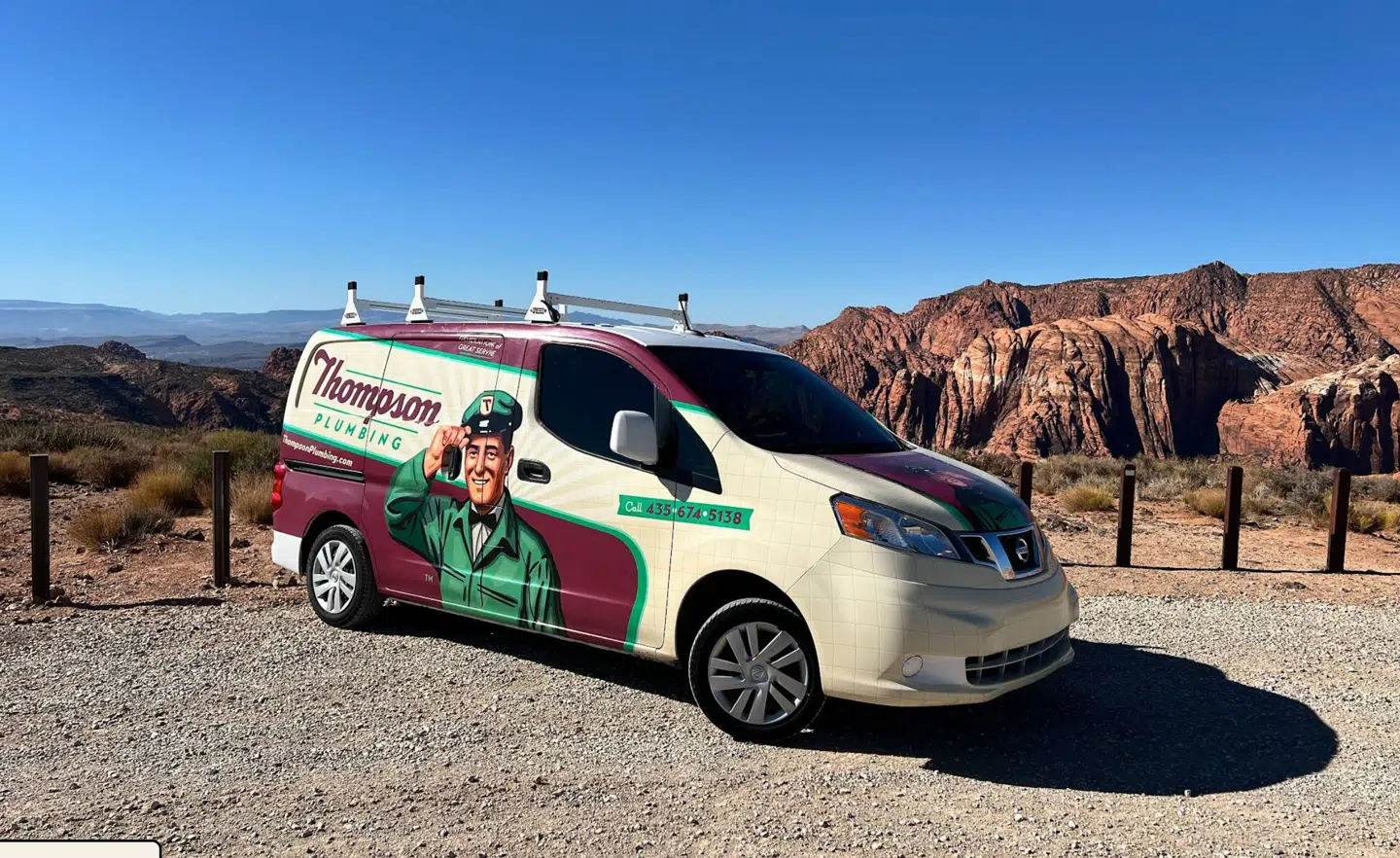 Thompson Plumbing service van parked near Snow Canyon State Park, serving St. George Utah and surrounding areas